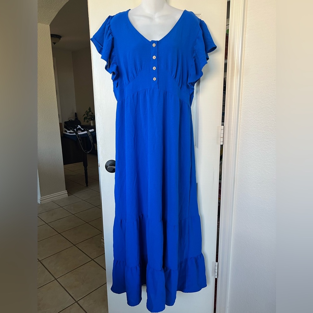 Bright Blue Ruffled Sleeve Maxi Dress